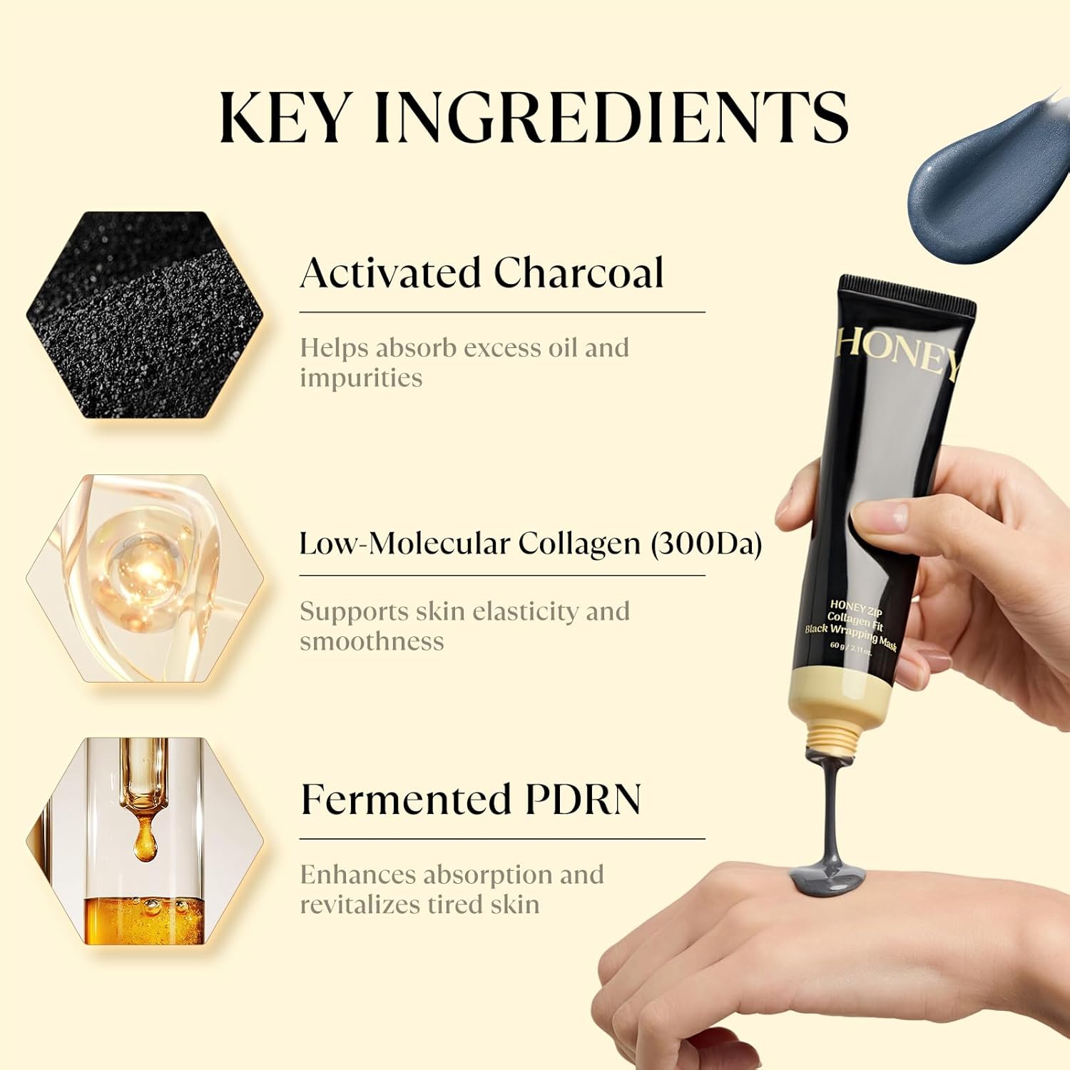 Honey Zip Korean Collagen Wrapping Mask, Peel Off Mask with Honey & Charcoal for Hydrating, Elasticity and Glass Skin, Suitable for All Skin Types, 60g - Image 2