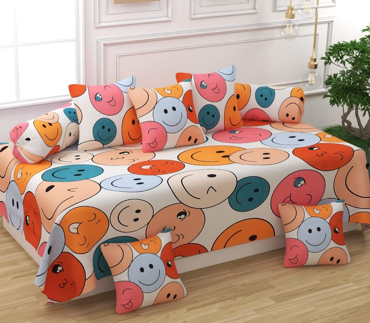 Diwan Set Pillows 5 with Bolster 2 Covers | Diwan Sets for Sofa Cover/Living Room | Diwan Cover/Pillow Set | Diwan Set Pillows Covers (1 Single Bedsheet, 2 Bolster Covers, 5 Cushion Covers)
