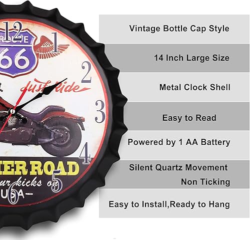 Miniatura 3 de Reloj de pared de metal de 14 pulgadas con tapa de botella y esfera de reloj de motocicleta vintage, movimientos de reloj silenciosos, funciona con