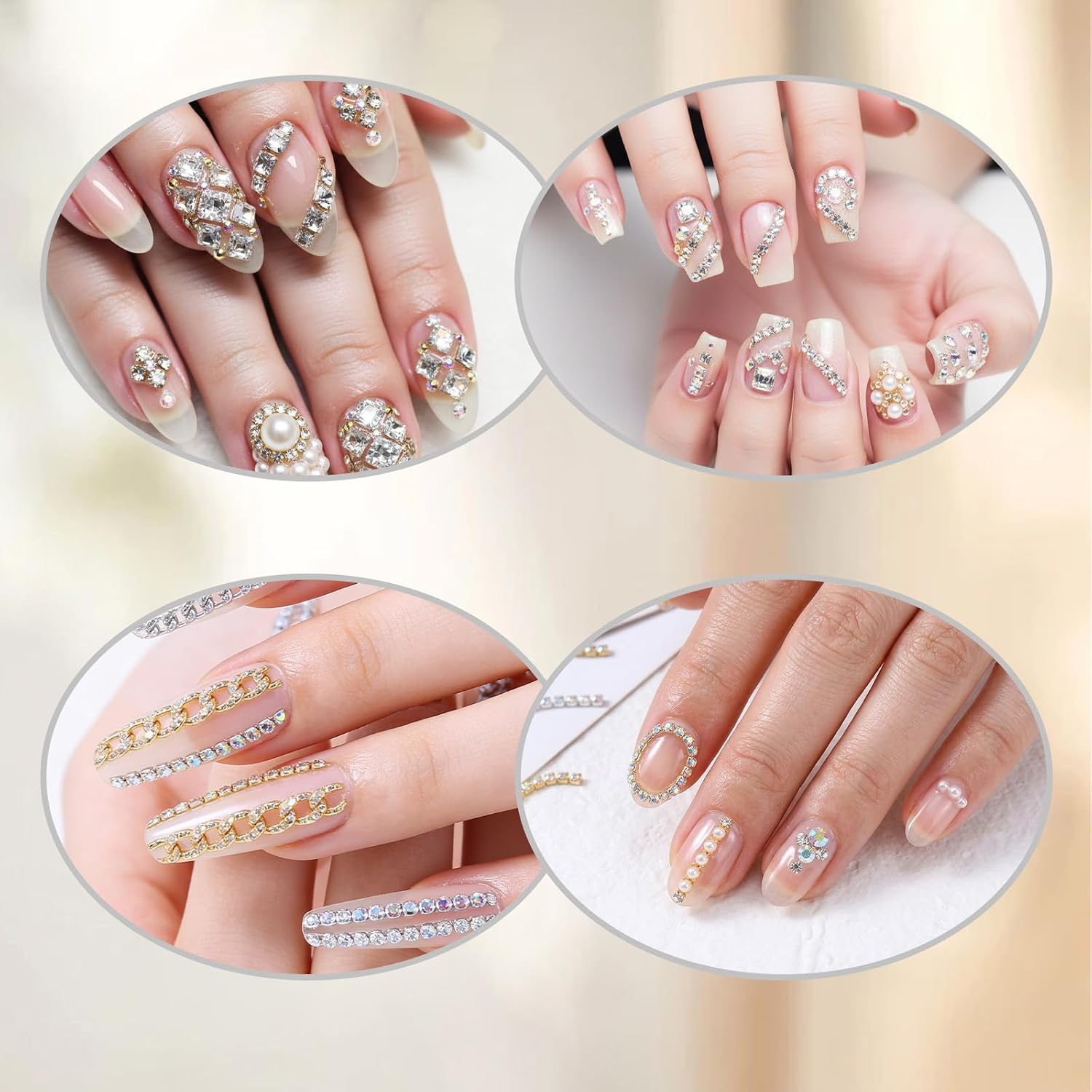 6 Strips Rhinestone Nail Chains Metal Chain Nail Charms Gold Silver Nails Art Chains Punk Luxury Pearl Rhinestone Glitter Design for Women Manicure Art