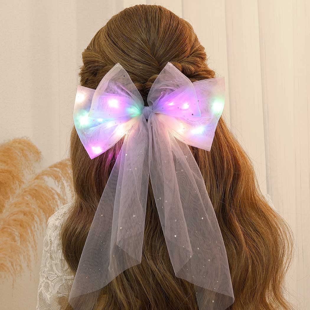 JEAIRTS Light Up Hair Bow Glowing Led Rainbow Tulle Bows for Women (Pack of 2)
