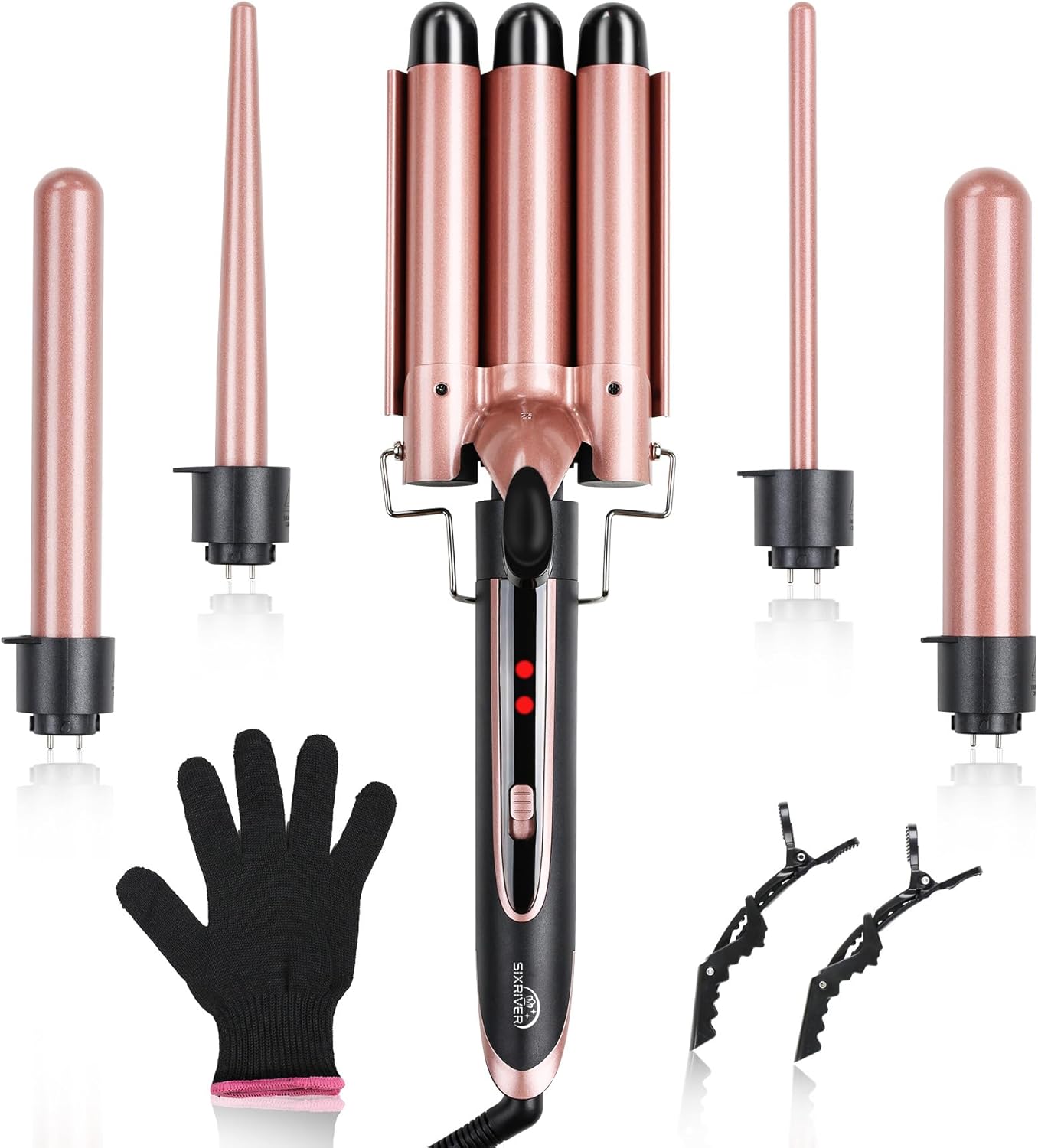 Sixriver 5-in-1 Curling Iron Set, Curling Wand with 3 Barrel Hair Crimper Iron and Interchangeable 4 Curling Irons, Dual Voltage Hair Waver with 2-LED Temp Control for All Hair Types, Glove & 2 Clips