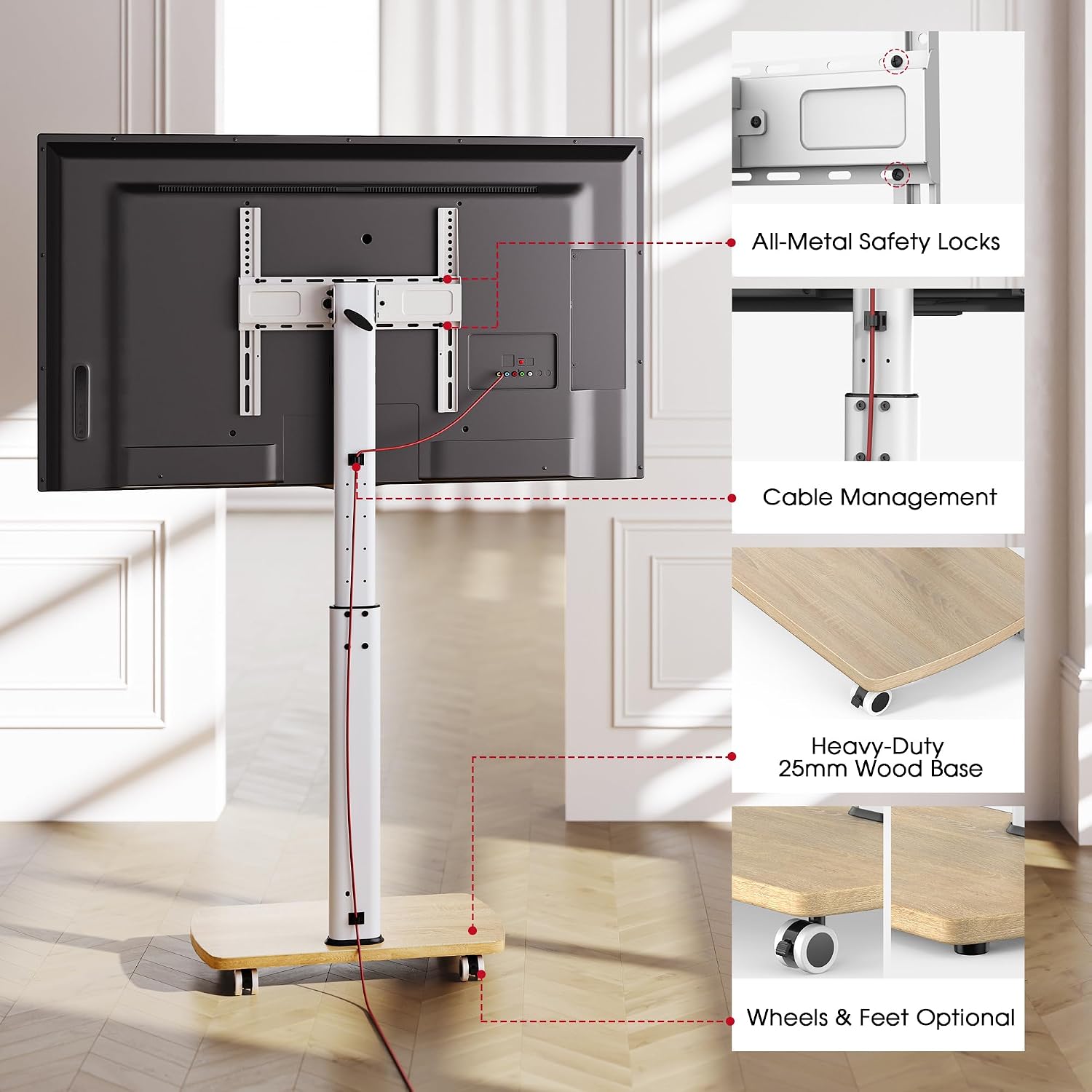 AOKCOS Tall Rolling TV Stand with 90° Rotation & 12° Tilt, 10-Height Adjustable Mobile TV Stand for 32-65 Inch TVs, Portrait/Landscape TV Cart for Home Office Studio, White