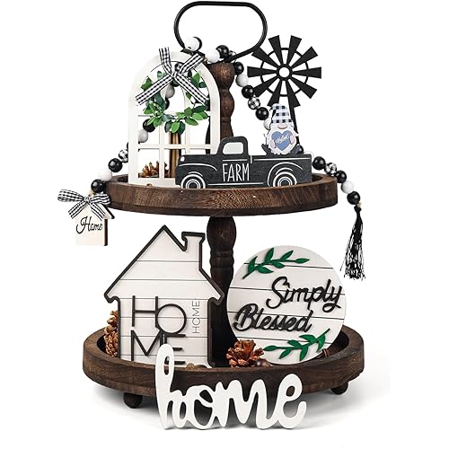 BFAZKXY 9pcs Farmhouse Tiered Tray Decor Set for Home & Kitchen Table Decor, Rustic Farmhouse Decor for Shelf, Tiered Tray Decorations Set
