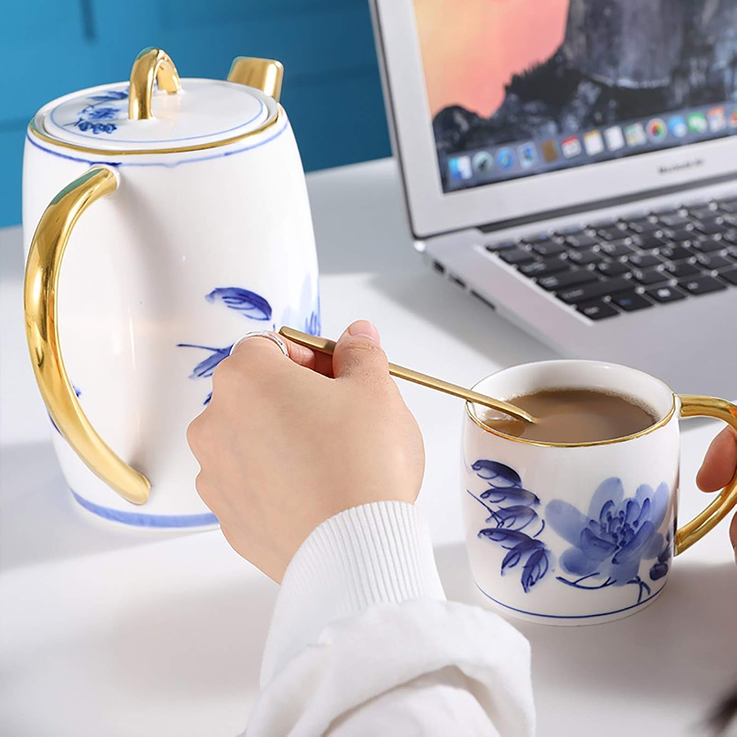 Tea Set Nordic Retro Ceramic Coffee Cup Afternoon Tea Water Set Home Tea Set Drinking Water Cup Cold Kettle Tea Set for Home (White,1.4L) (White 1.4L)