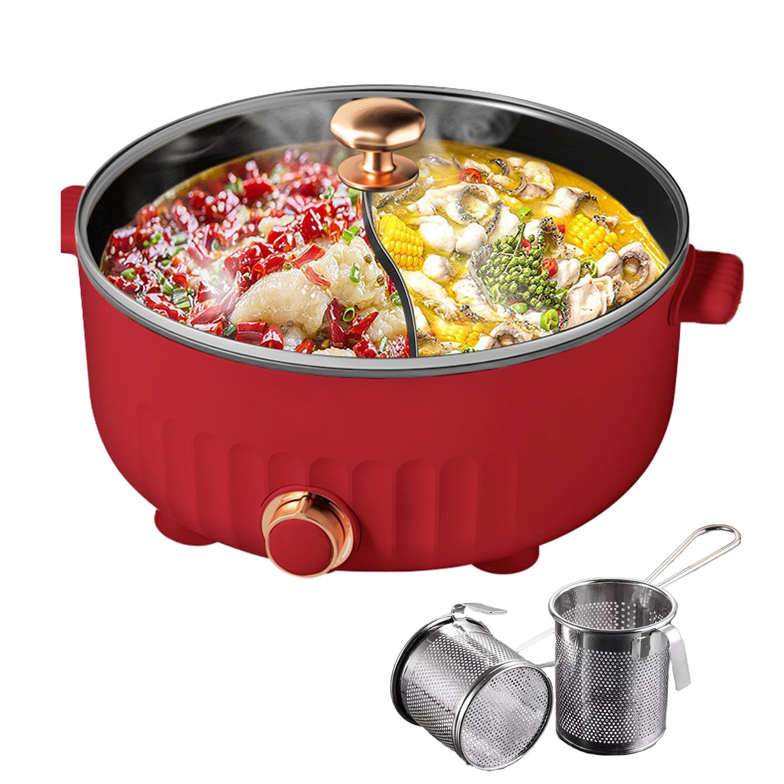 ARTSIM Appareil Fondue, Multi-Fonctions Fondue Chinoise Traditionnelle IdéAl pour Les RéUnions De Famille (avec 2 Filets Non éTanches),Red
