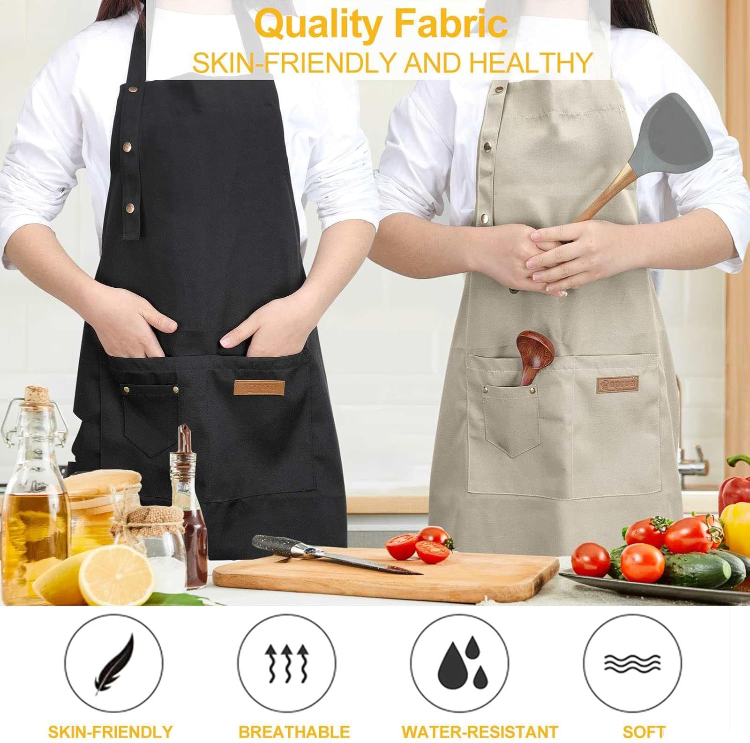Kitchen Cooking Apron for Women Men with Big Pockets Canvas Waterproof Aprons for Server Pottery Artist Chef Apron image 2