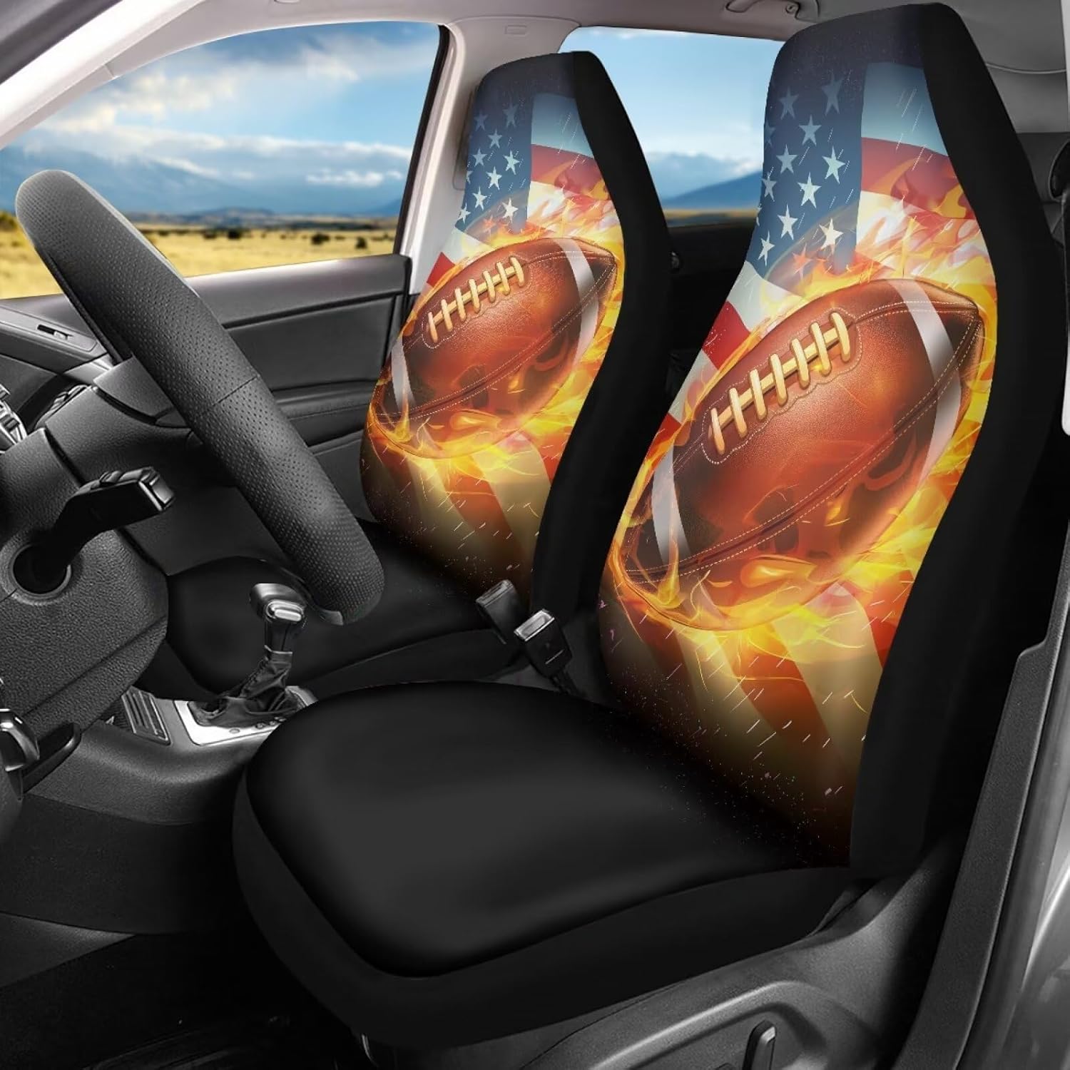 BIGCARJOB Flags Rugby Print Car Seat Cover Set of 2 Pcs Auto Seat Cushion Pads for Men Women Sport Fire Soccer Print Universal Car Front Seat Cover Set Fits for Car,SUV Sedan,Truck