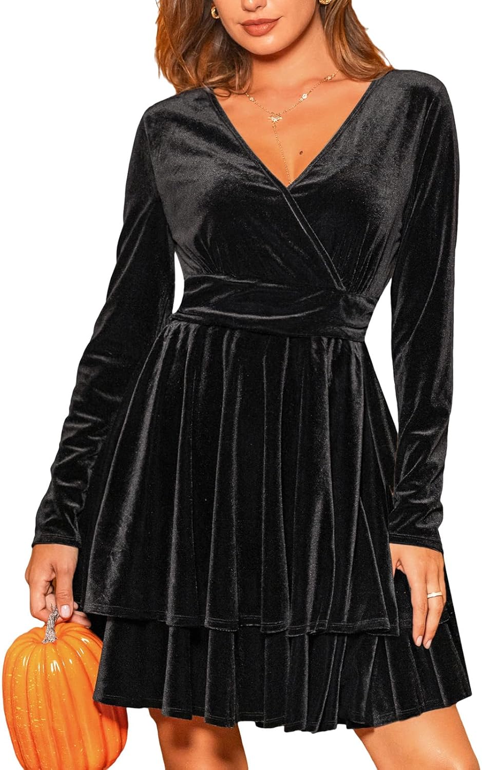 CUPSHE Women Fall Dresses Velvet Cocktail V Neck Long Sleeve Elastic Waist Flare Skater Mini Dress