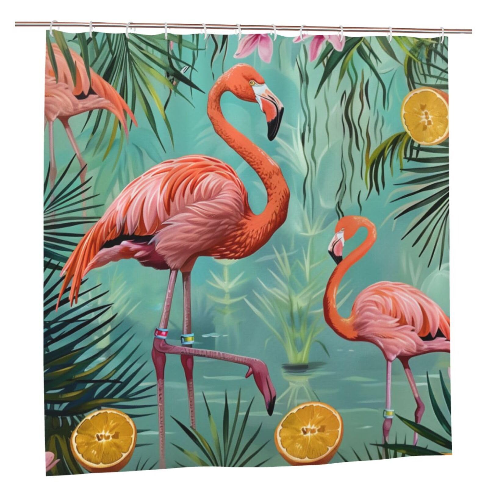 BWWHCCTI Flamingo Printed Shower Curtain With 12 Plastic Hooks Opaque Quick Drying Waterproof Shower Curtains Sets For Bathroom 183x183 CM