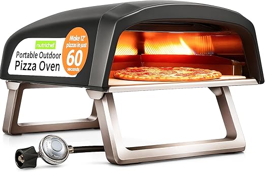 NutriChef Portable Outdoor Gas Pizza Oven - Includes Foldable Feet, Adjustable Heat Control Dial, Burner, Stone & Regulator Hose - Cooks 12" Pizza in 60 Seconds - 25.24'' x 16.14'' x 12.40'' IN