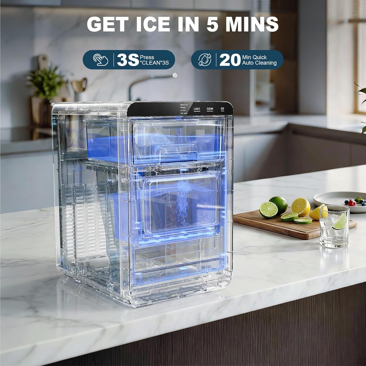 Nugget Ice Maker Countertop, 44lbs/24h Nugget Ice Machine, Soft Ice Ready in 5-10Mins Pellet Ice Maker, Self-Cleaning Sonic Ice Maker for Home, Kitchen, Office, Party