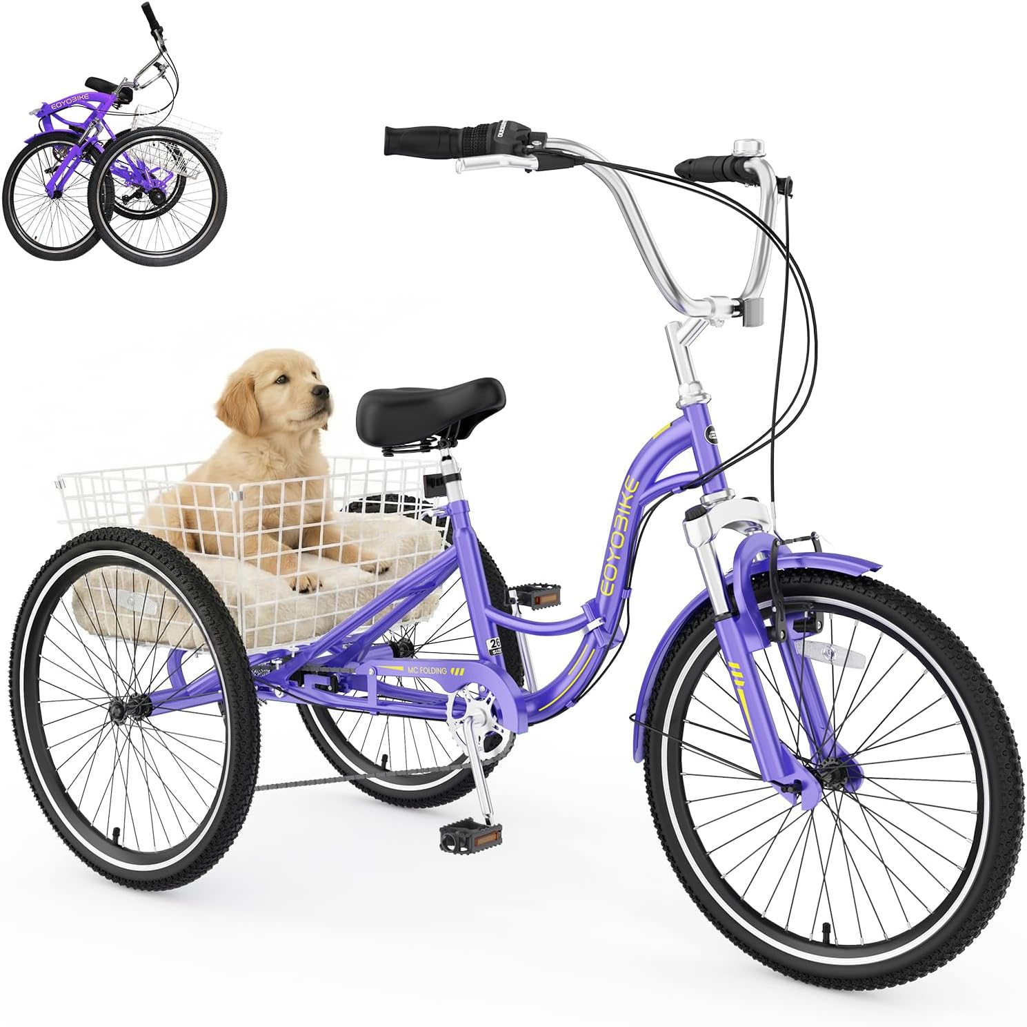 MOPHOTO Adult Folding Tricycle, 7-Speed 3 Wheel Bike for Adults, Seniors, Women & Men, 20/24/26 Inch Low Step-Through Trike with Large Rear Cargo Basket, Adjustable Seat, Space-Saving Cruiser Bicycle