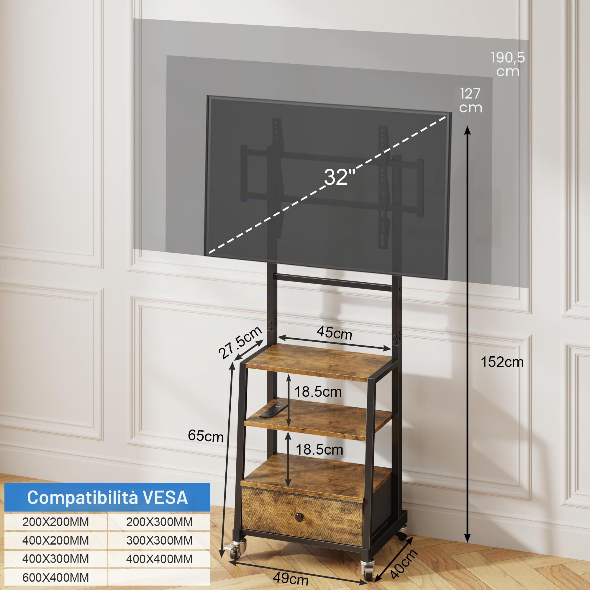 Supporto TV da Pavimento con Ruote per TV 32-75 Pollici, Marrone | Presa di Corrente e USB | 3 Ripiani | Cassetto in Tessuto | Altezza Regolabile | Max VESA 600x400 mm | Carico 50 kg