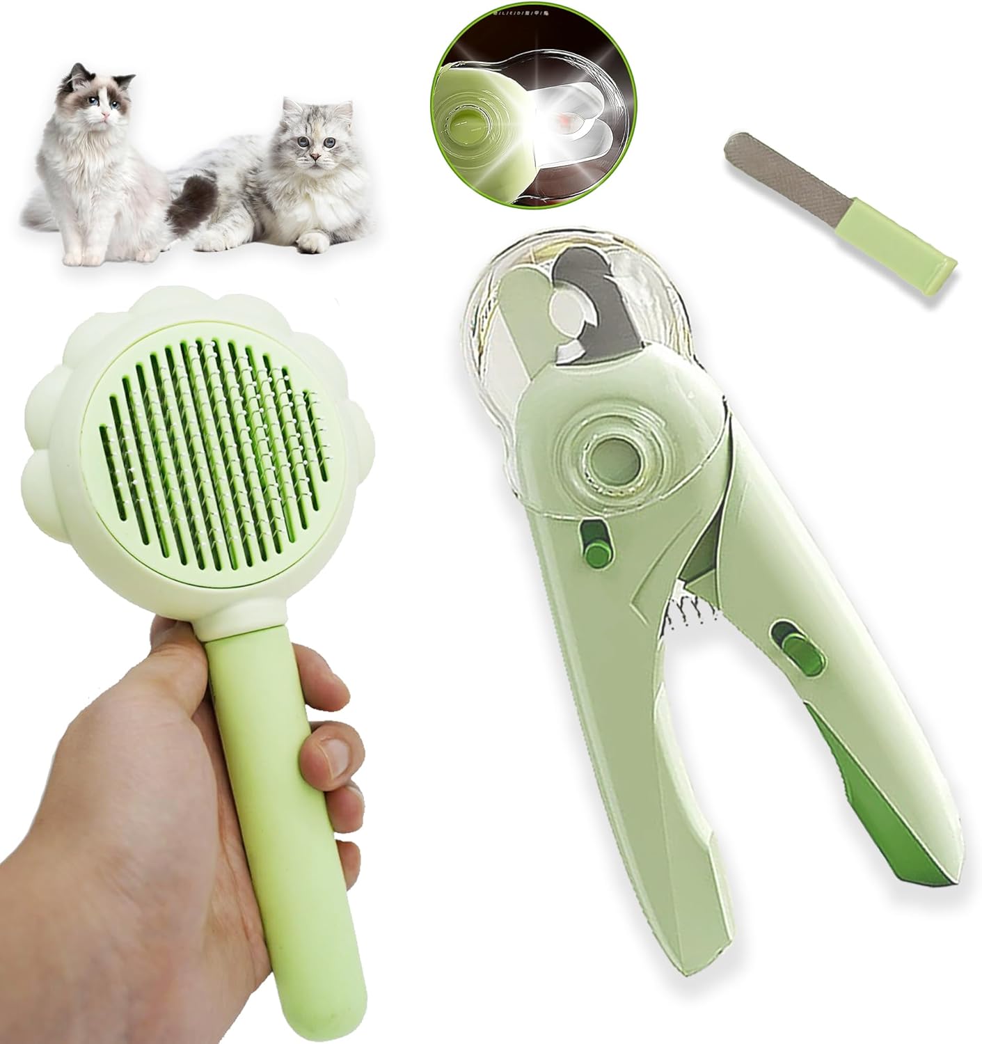 Selvrensende kattebørste for avfall, negleklipper med LED-lys og neglefil, slicker børster og negletrimmer for langhårede katter (ikke inkludert LR44-knappceller), stellesett, katteelskere gaver