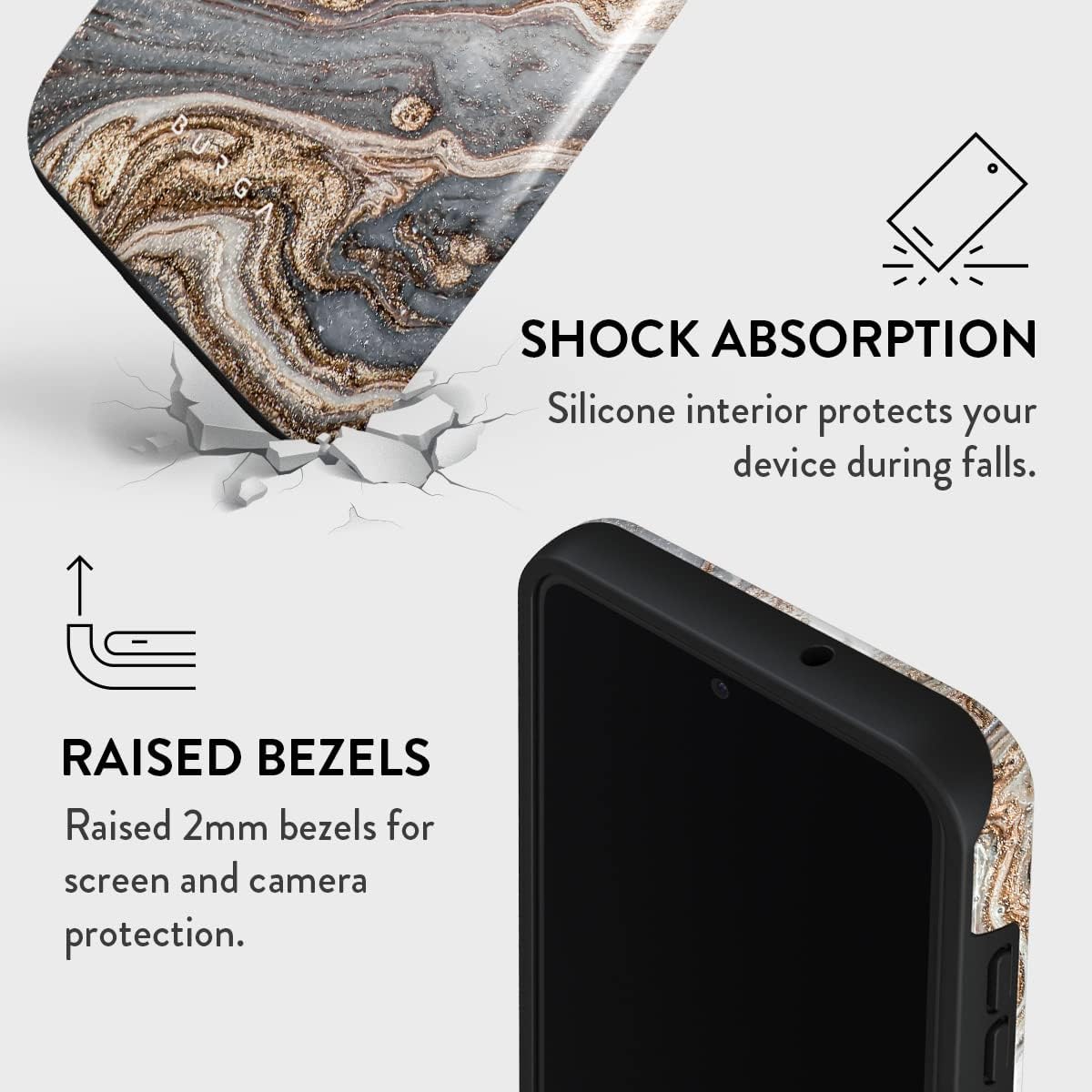BURGA Phone Case Compatible with Samsung Galaxy S23 Plus - Hybrid 2-Layer Hard Shell + Silicone Protective Case -Grey & Gold Shades Marble Nude Natural Brown Sand - Scratch-Resistant Shockproof Cover