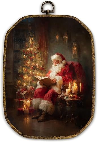 Yjeslw Decoración de pared octágono vintage de Navidad, impresiones de lienzo enmarcadas con leyenda de Papá Noel, decoración retro acogedora para