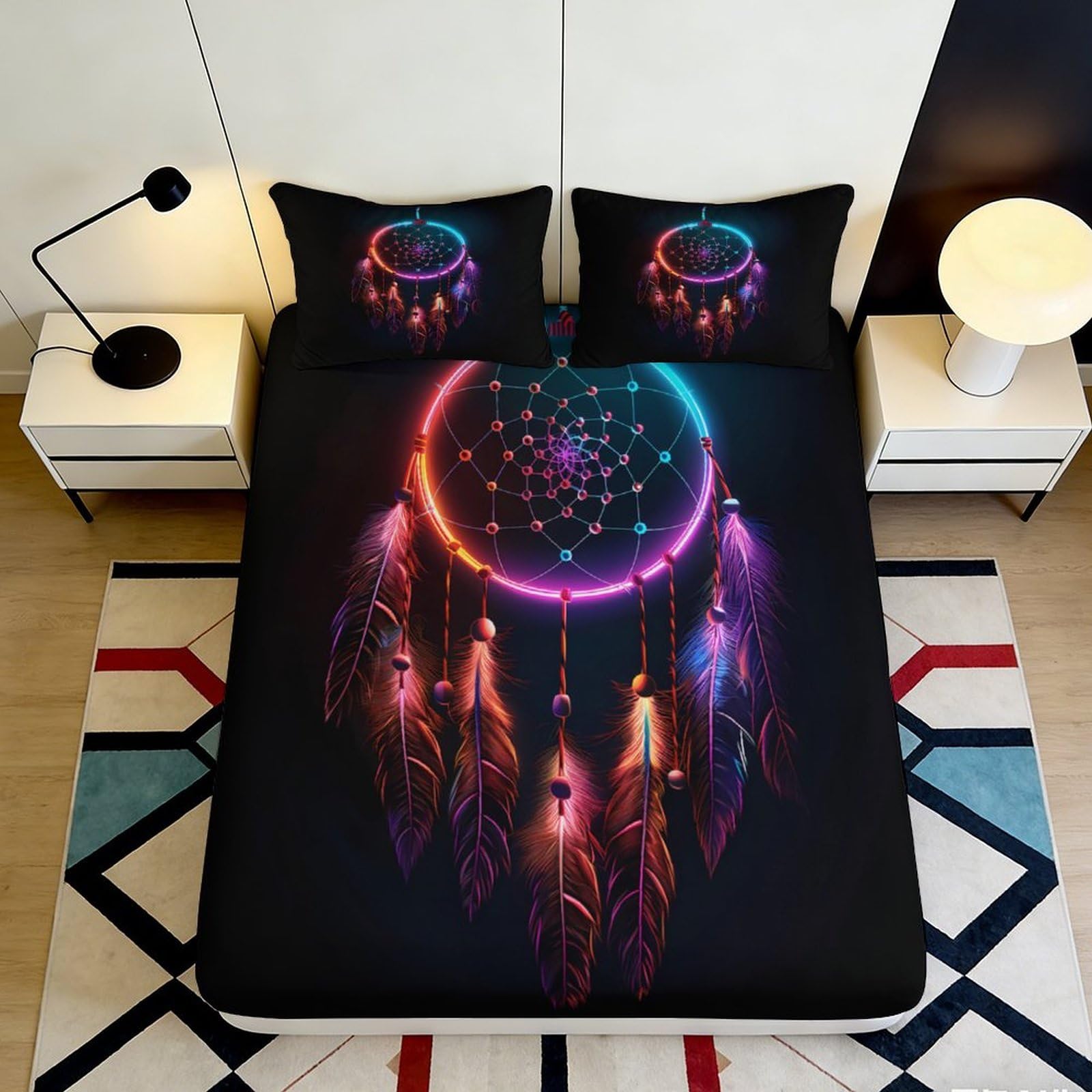 3D Printed Neon Dreamcatcher Fitted Sheet Microfiber Soft Breathable Boho Feather Bed Cover for Bedroom Decor 140x200x25cm