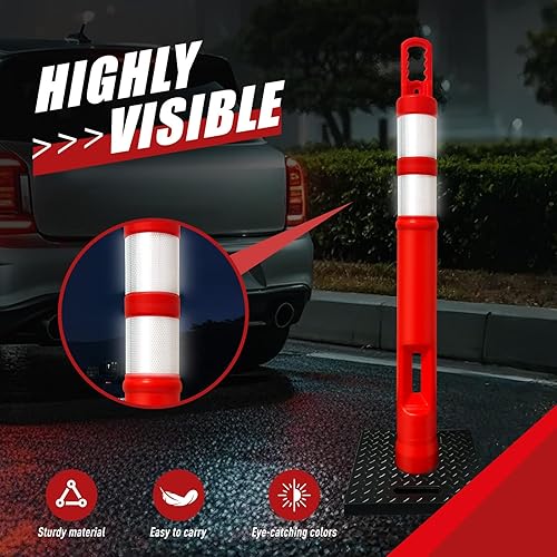 Miniatura 4 de CJ Safety Conos de poste de delineador naranja de 45 pulgadas con base de goma reciclada resistente, 2 bandas reflectantes de alta intensiva para