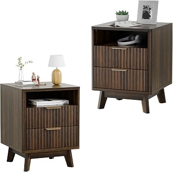 Fluted Nightstand with 2 Drawers, 18" Modern Night Stand with Faux Marble Top, Open Storage Shelf, Curved Edge Bedside Table for Bedroom, End Side Table 2, Walnut