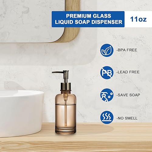 Miniatura 2 de Dispensador de jabón líquido de vidrio para baño, dispensador de jabón reutilizable de cocina de 11 onzas con bomba de plástico a prueba de óxido,