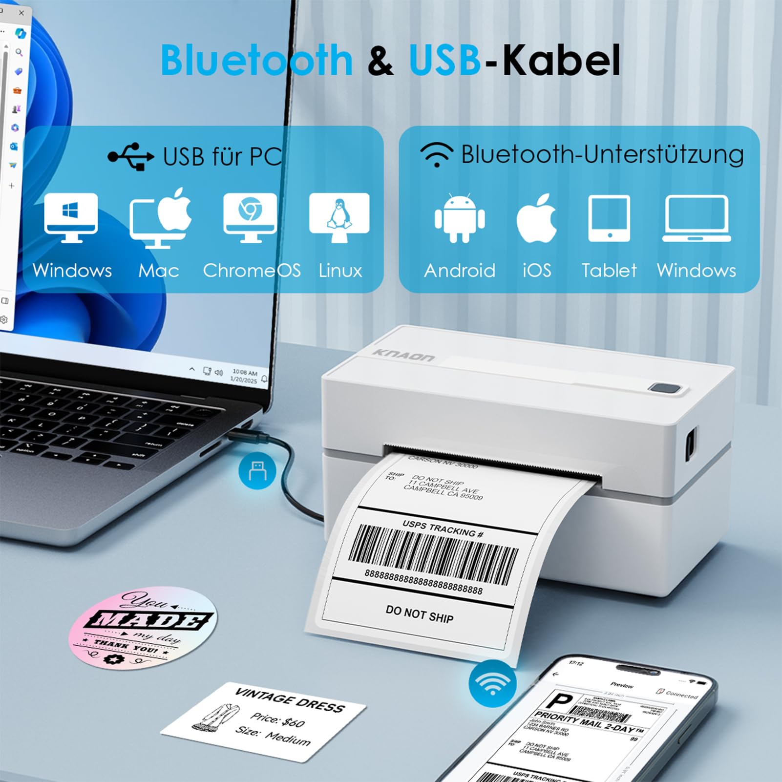 KNAON Bluetooth Etikettendrucker, 4x6 Thermodrucker Label Printer, Labeldrucker Versandetiketten Drucker für DHL UPS DPD FedEx, Etsy Shopify, Weiß