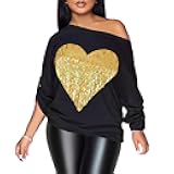 Womens Off The Shoulder Tops Sexy Shiny Metallic Shirts Long Sleeves Fashion Graphic T-Shirts Blouses