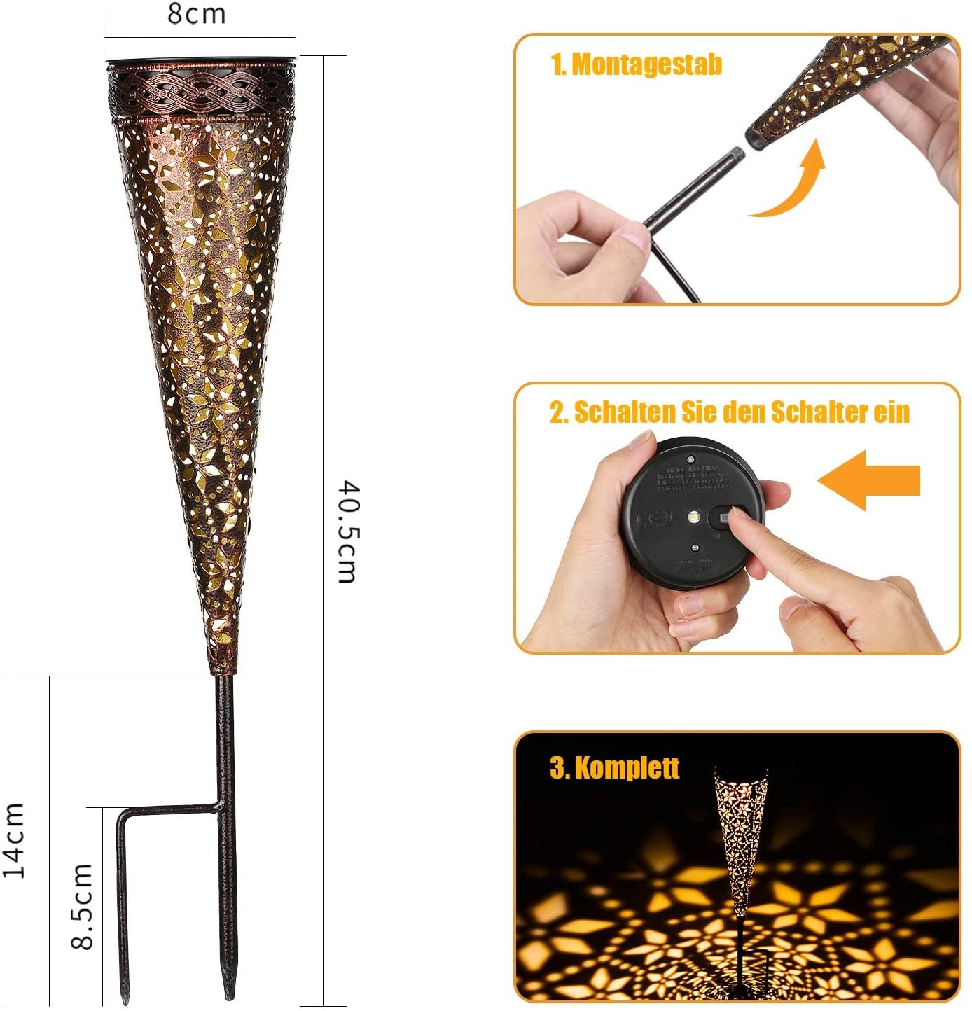 Lampade da giardino solari Görvitor esterni, 6 pezzi con picchetto da terra, lampade solari da giardino in metallo stile retrò con fiore a diamante, lampade solari impermeabili IP65 esterni giardino