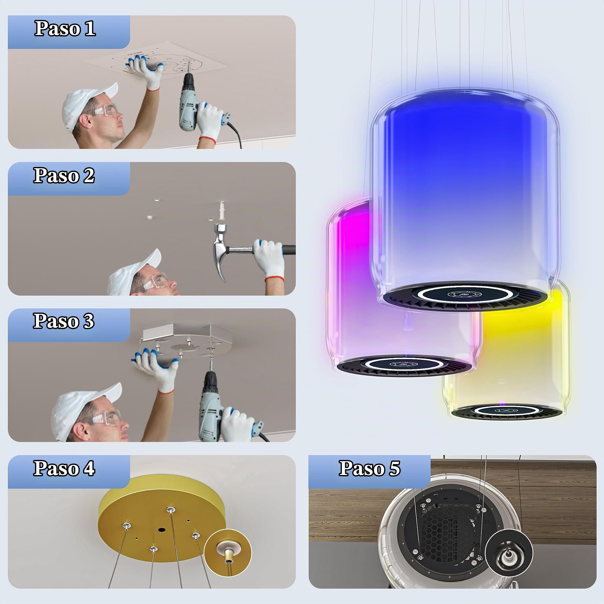 FIREGAS Campana Extractora de Techo para Isla de Cocina, Diseño en Cristal Templado y Acero Inoxidable, 7 Luces LED RGB, Altavoz Bluetooth, 9 Velocidades, 360m³/h, Táctil y Mando a Distancia