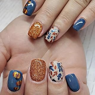 24Pcs Thanksgiving Press on Nails Short Square Gold Red Fall Leaf Fake Nails With Glue Autumn Pumpkin Glitter Glossy Acrylic Nails for Women DIY Thanksgiving Party Nails Decoration