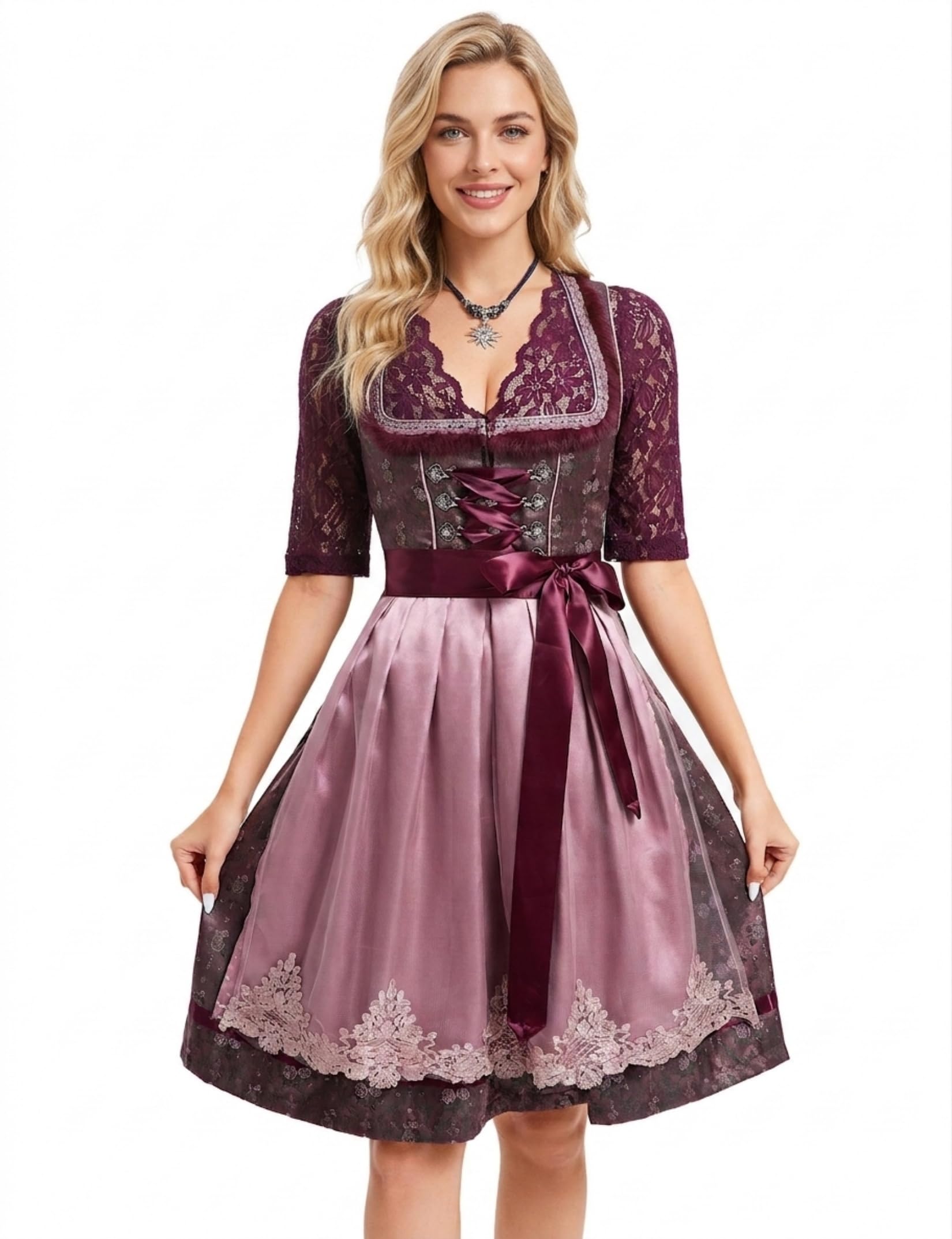 YesFashion Dirndl Damen 3 Teilig Midi - Elegantes Trachtenkleid mit Spitzenbluse & Schürze für Oktoberfest