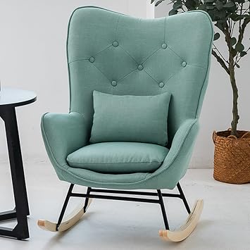 Nursery Rocking Chair Upholstered Glider Rocker with High Backrest Armchair Comfy Wingback Modern Rocking Accent Chairs with Headrest for Living Room, Nursery, Bedroom,Green