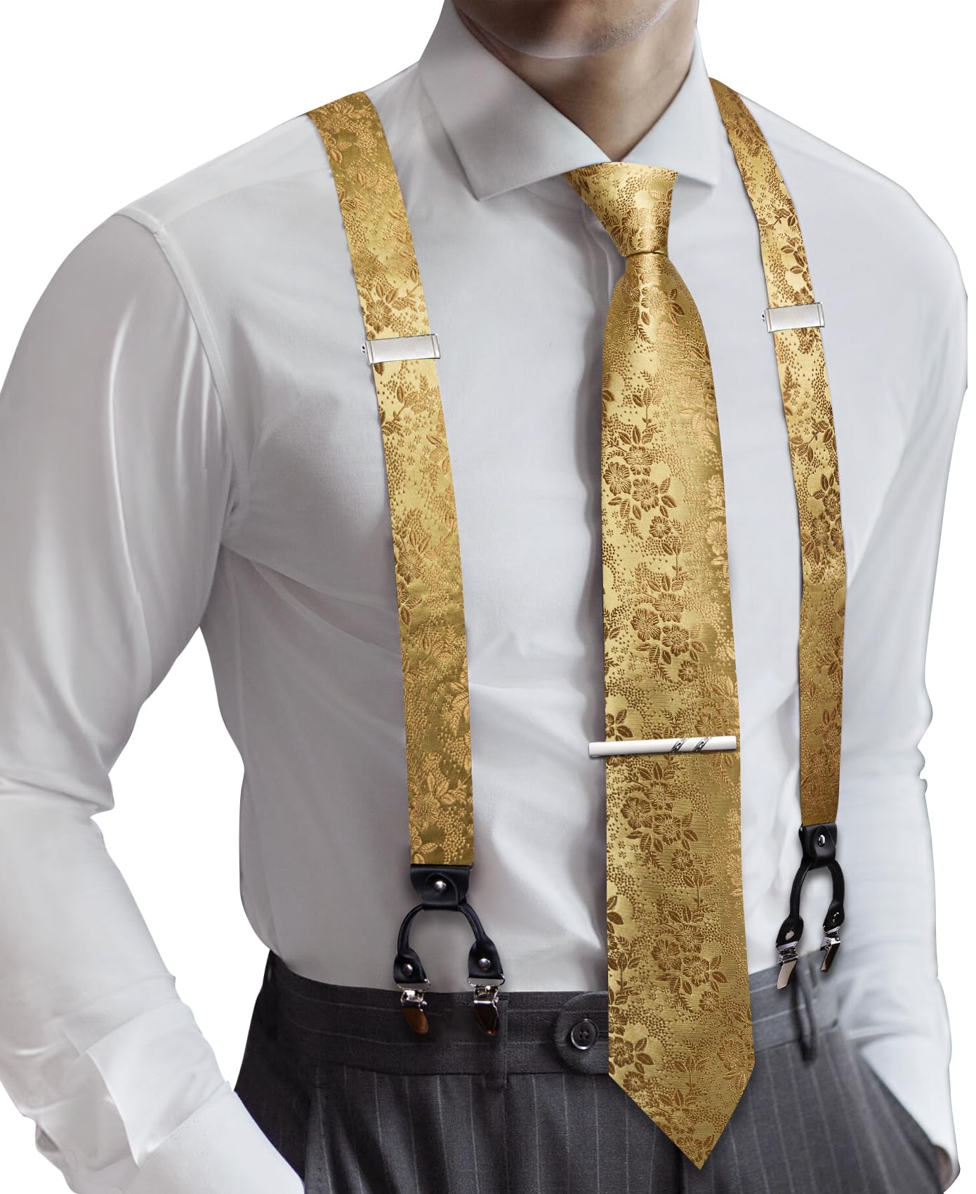 Barry.Wang Men Suspender Tie Sets Elastic Heavy 6 Clips Hanky Cufflink 5PCS | Classic Suspender Set for Man Necktie Y Type Adjustable Heavy Duty 6 Clips Braces Pocket Square Cufflinks Party
