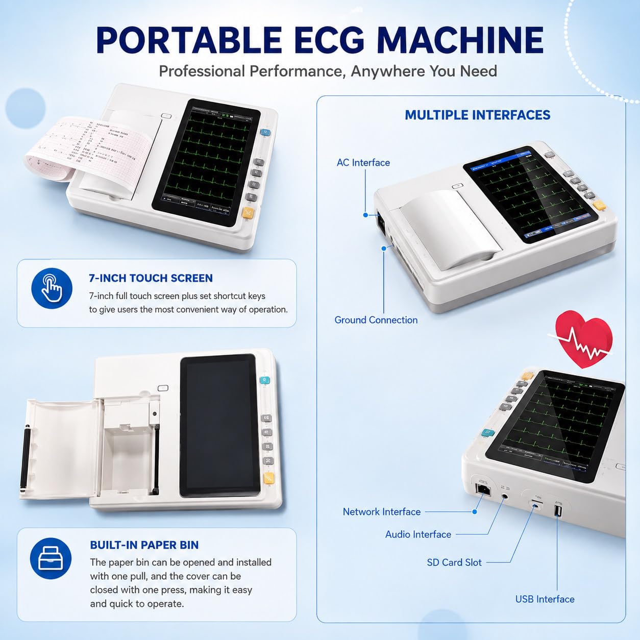 Macchina ECG Elettrocardiografo Portatile 3 Canali 12 Derivazioni