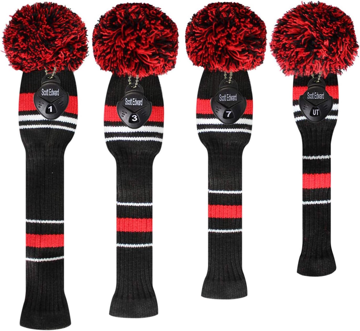 Scott Edward Golf Club Head Covers Set of 4, Acrylic Yarn Double-Layers Knitted, with Rotatable Number Tags