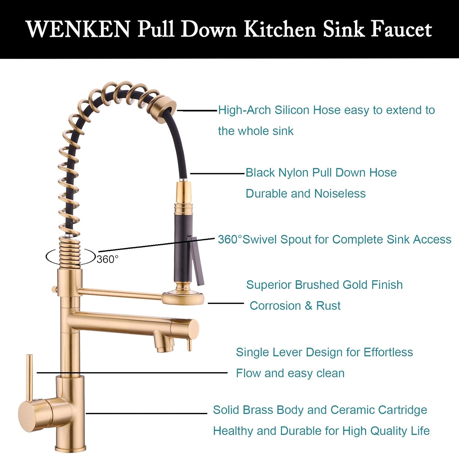 Bіg Sаlе WENKEN Kitchen Faucet, Commercial Kitchen Faucet, 360 Degree Swivel High Arc Pre-Rinse Brass Kitchen Faucet with Deck Plate, Brushed Gold