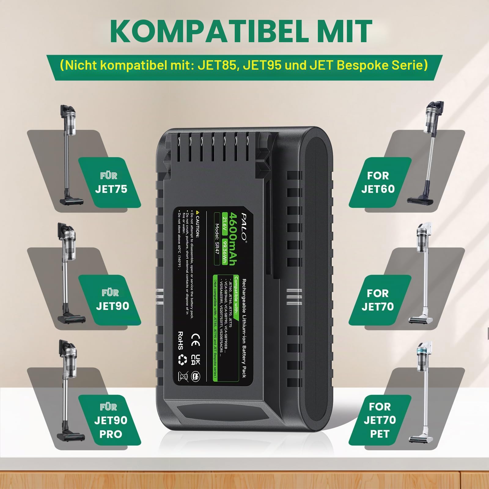 4600mAh 21,6V Ersatzakku für Samsung JET60 JET65 JET70 JET75 JET90 Serie, VS15A60 VS15T70 VS20T75 VS20B75 VS20R90 Akku (Not for JET85 / JET95)