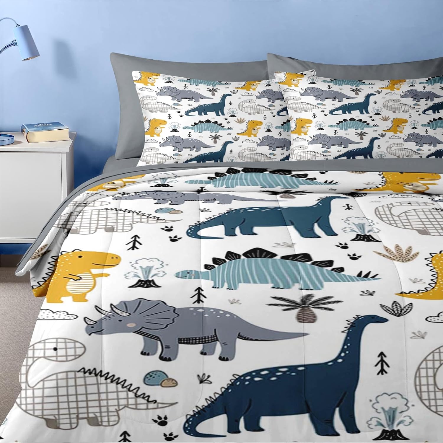 Nesker 7 Pcs Comforter Set Full Size, Cute Dinosaur Dino Bedding for Kids Teen, Blue Yellow Dragon with Fitted Sheet 2 Pillowcases & 2 Shams for Bedroom Bed Décor