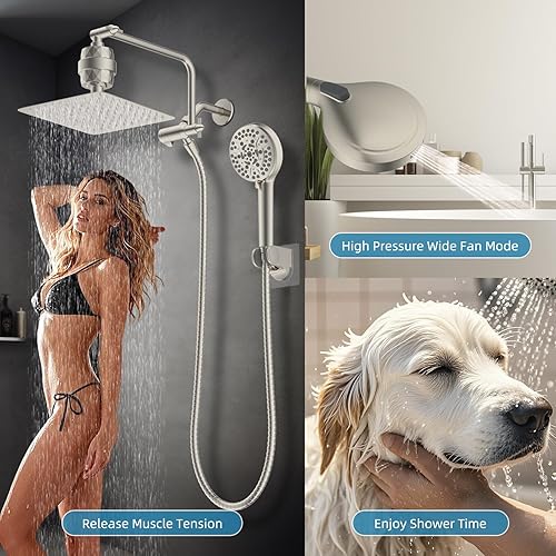 Miniatura 9 de Cabezal de ducha filtrado, 10 pulgadas de alto Plessure 10 pulverizaciones de mano  lluvia combinado con filtro de ducha de 20 etapas, brazo de