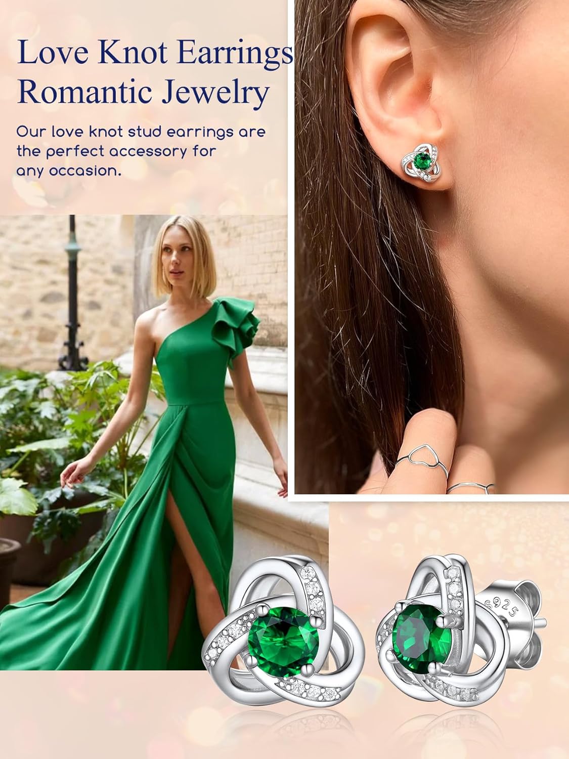 Suplight Love Knot Birthstone Earrings for Women, S925 Sterling Silver Earrings Flat Back Diamond Stud Earrings Christmas Gifts for Women Emerald Sapphire Earrings Birthday Gifts for Women Wife Mom - Image 4