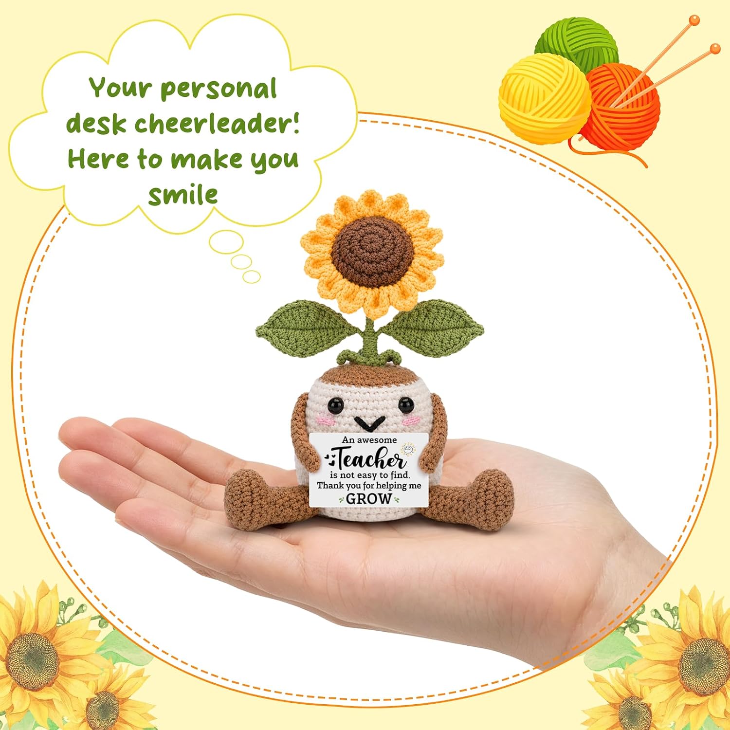 Teacher Appreciation Gifts for Women Men - Thank You End of Year Teacher's Day Back to School Graduation Retirement Gifts for Teacher Educator Mentor - Handmade Crochet Sunflower Office Decor