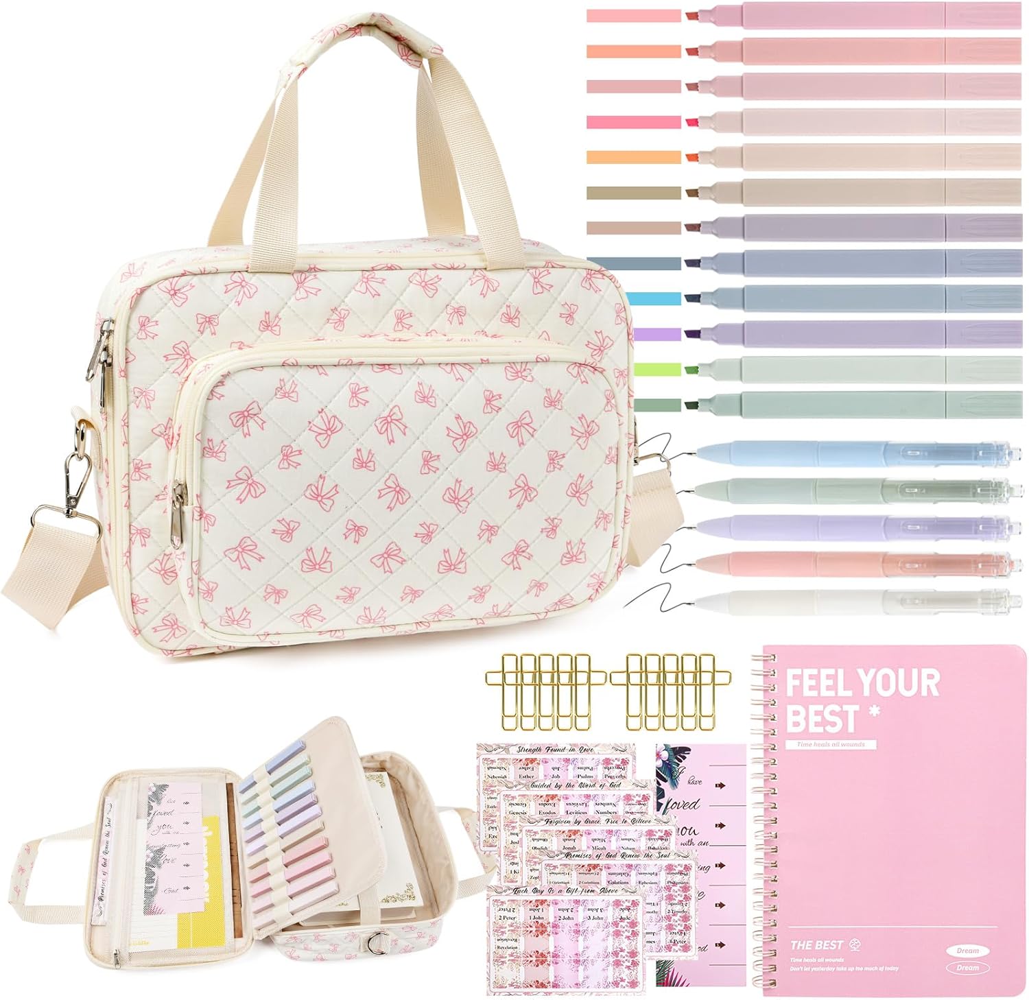 Bible Cover Case for Women Large Bible Bag Tote Study Supplies Journaling Kit Book Carrying Case with Highlighters Christian Gifts for Women Mom Friends