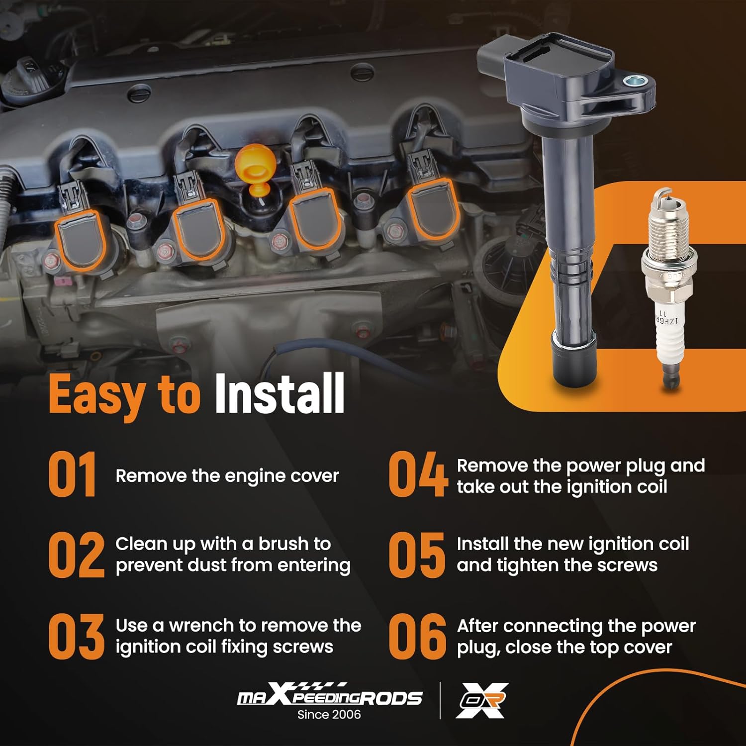 maXpeedingrods UF311 Set of 4 Ignition Coil Pack and Iridium Spark Plugs for Honda Accord 2.4L 2003-2007, CRV 2.4 02-09, Civic 2.0 02-05, Element 2.4L 03-11, for Acura 2.0L RSX 02-06, CSX 06-11