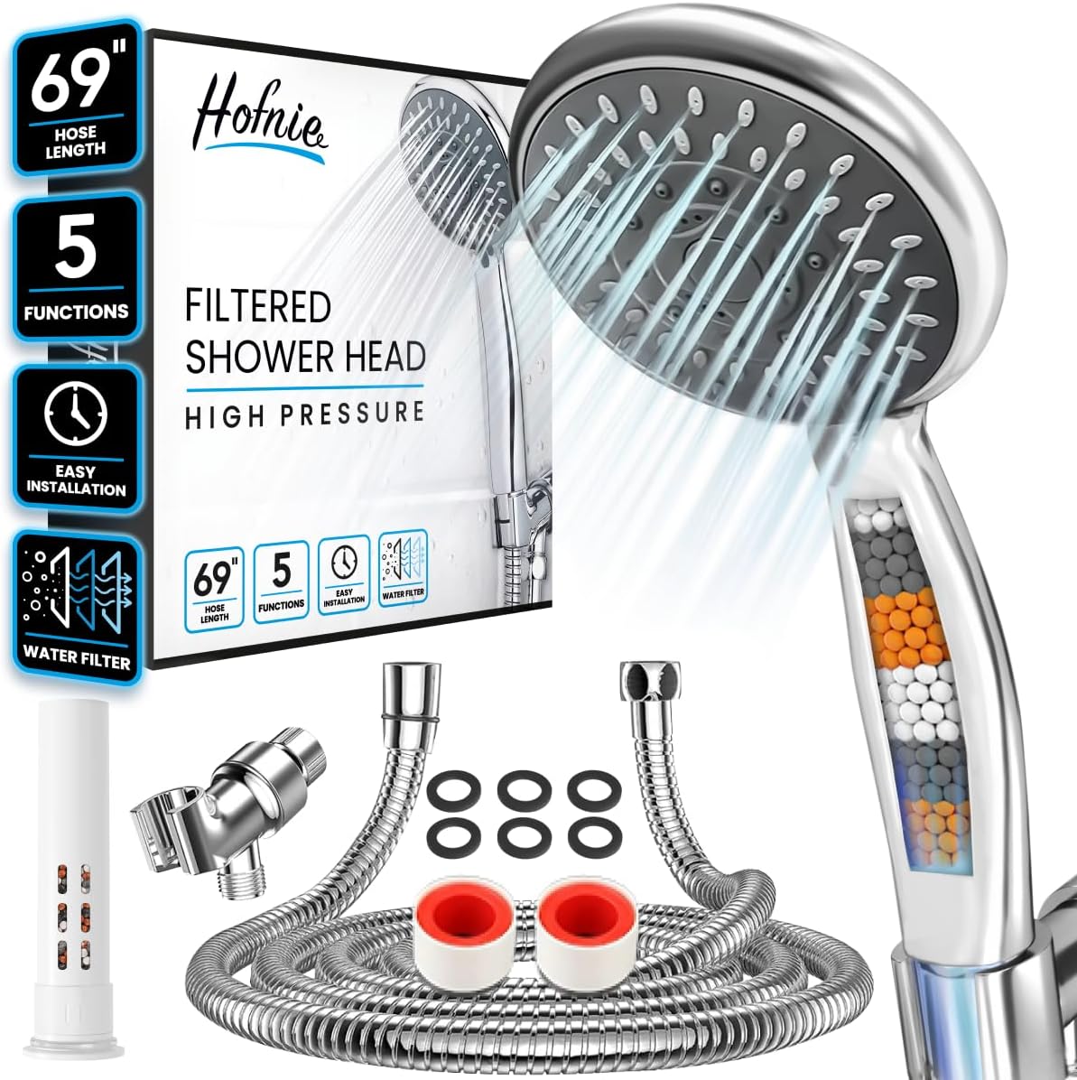 HOFNIE Filtered Shower Head with Handheld, Shower Heads High Pressure 5 Spray Modes, 3 Stage Hard Water Shower Filter with Stainless Steel Hose, Adjective Bracket, Water Softener Shower Head Filters