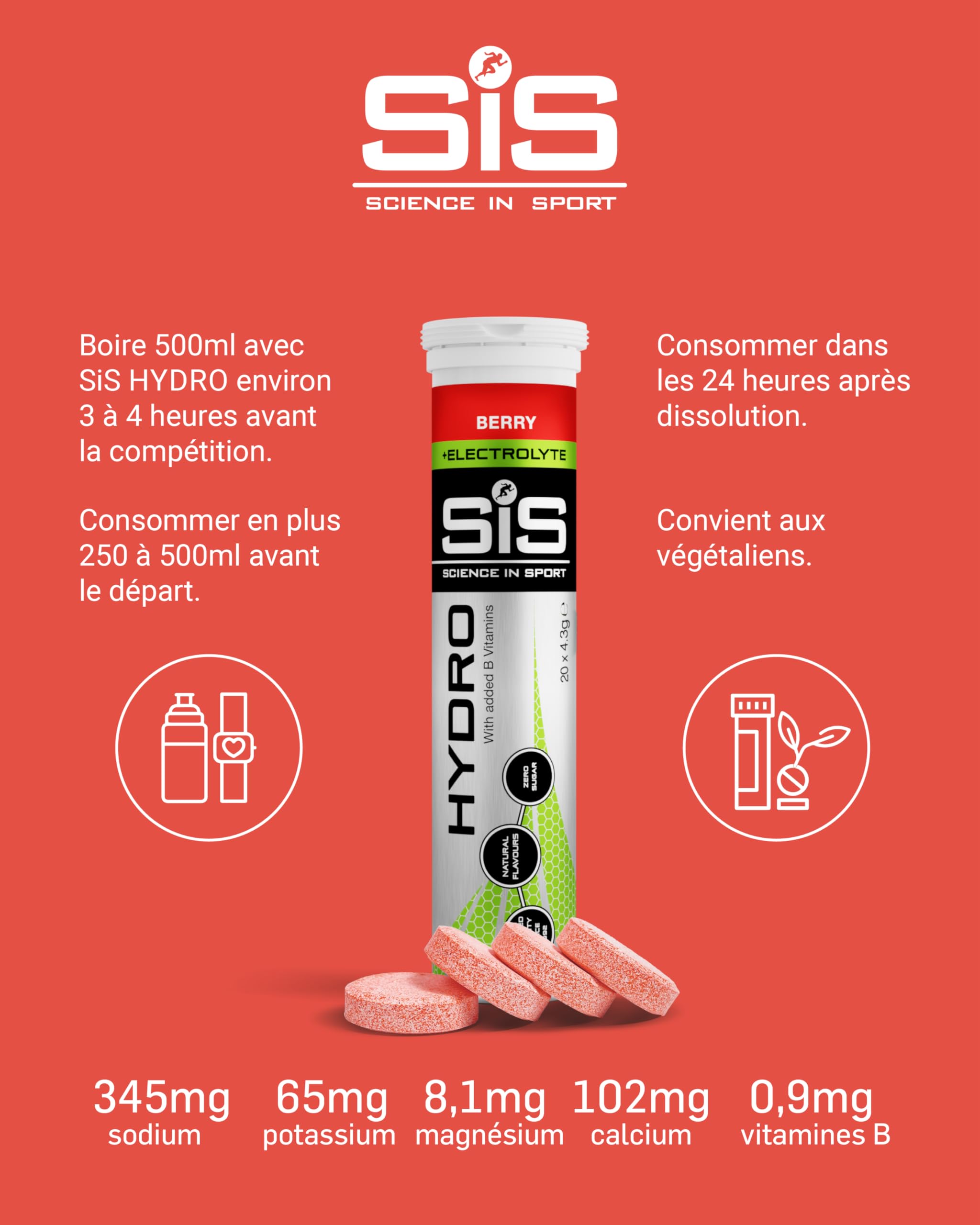 Science in Sport HYDRO Comprimés 3 x 20 pcs Fruits rouges - Comprimés électrolytes, vegan, comprimés effervescents pour équilibre électrolytique (emballage peut varier)