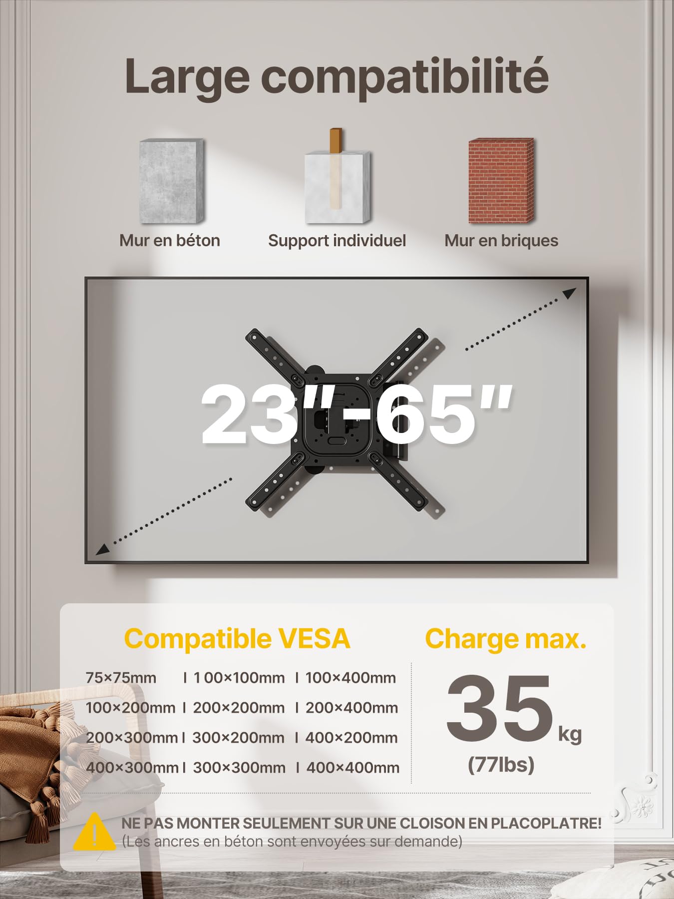 monTEK Support TV Mural pour Écrans Plats/Incurvés LED/OLED jusqu'à 60 kg | Support TV Mural Orientable, Inclinable et Rotatif, Bras Television Mural Extensible, Max VESA 400x400 mm