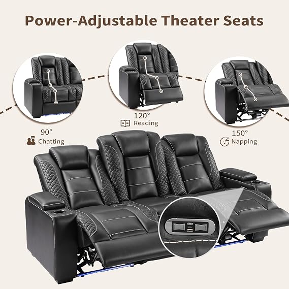 ANJ 3-Seat Power Reclining Sofa, Living Room Home Theater Furniture, Black