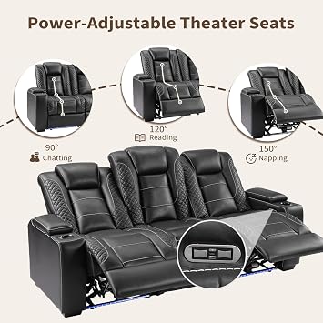 ANJ 3-Seat Power Reclining Sofa, Living Room Home Theater Furniture, Black