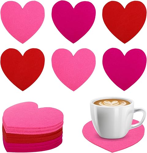 Whaline Juego de 15 posavasos de fieltro para el día de San Valentín, posavasos de corazón rojo y rosa, posavasos absorbentes antideslizantes para