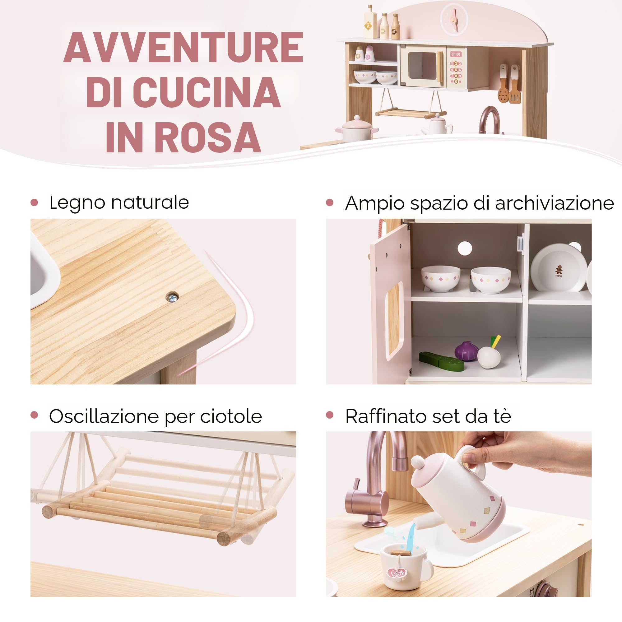 ROBUD Cucina in legno per bambini e bambine dai 3 anni in su, gioco di ruolo, set di accessori da cucina, rosa, grande